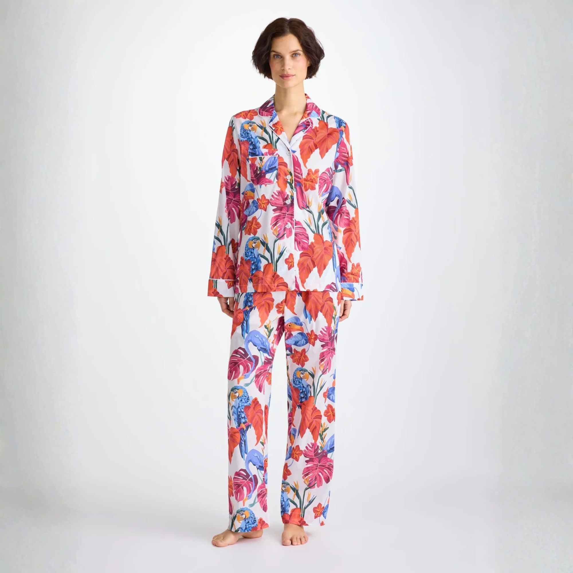 Women's Pyjama "Cotton Batiste" White Jungle Birds Print