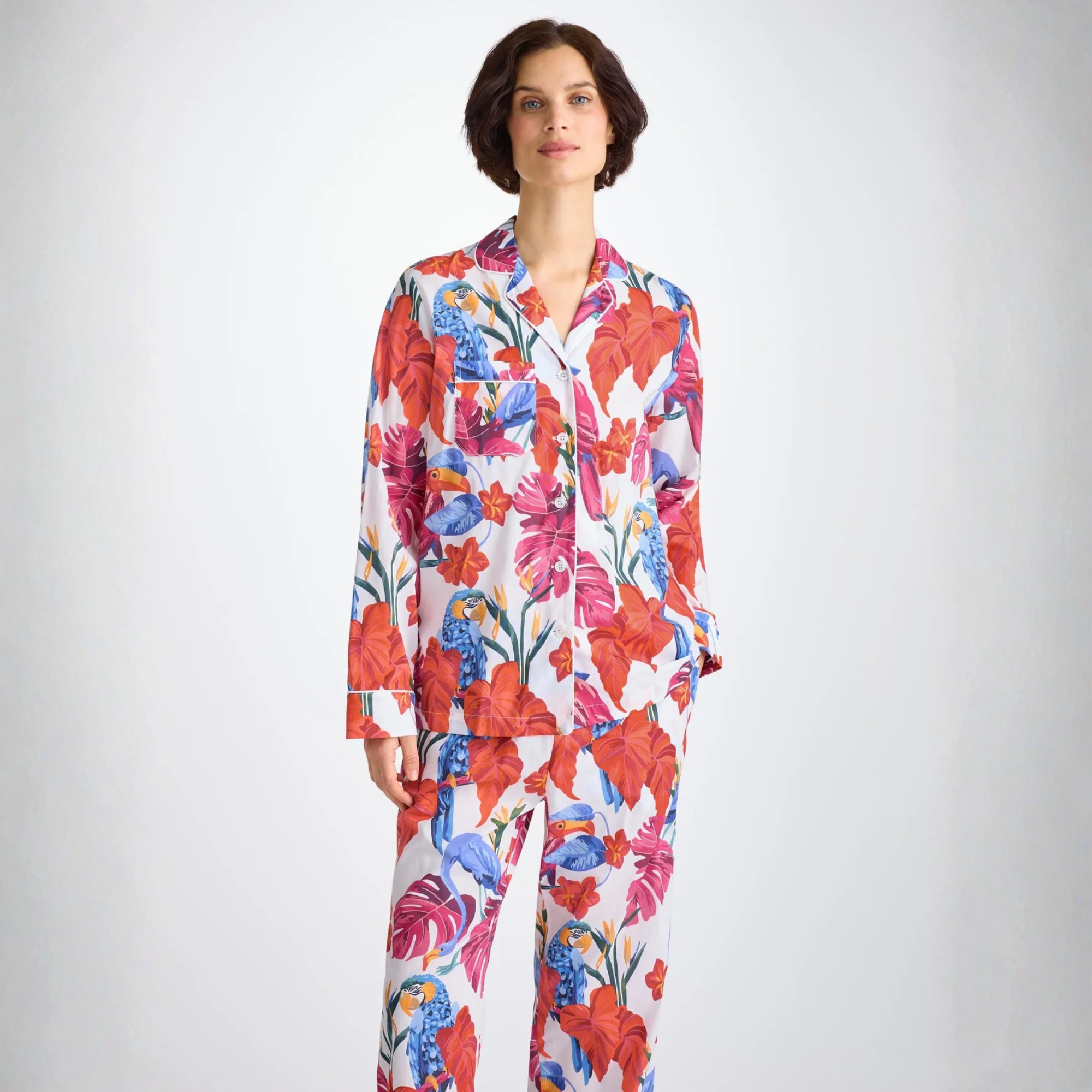 Women's Pyjama "Cotton Batiste" White Jungle Birds Print